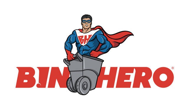 Bin Hero logo - superhero mascot holding trash bin handle in front of large bold "BIN HERO" with registered mark.