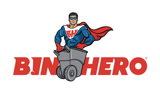 Bin Hero logo - superhero mascot holding trash bin handle in front of large bold "BIN HERO" with registered mark.