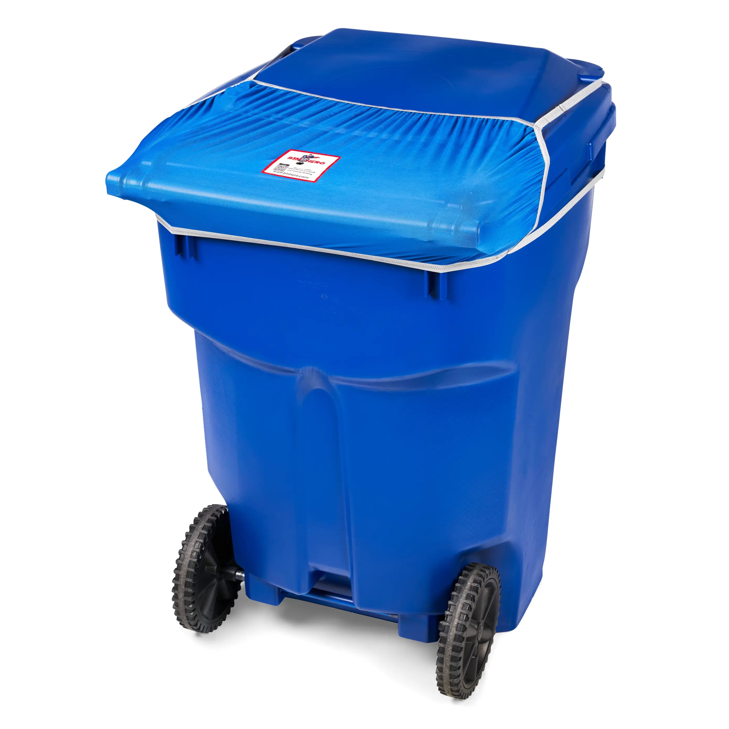 Blue Bin Hero installed on matching blue trash bin.