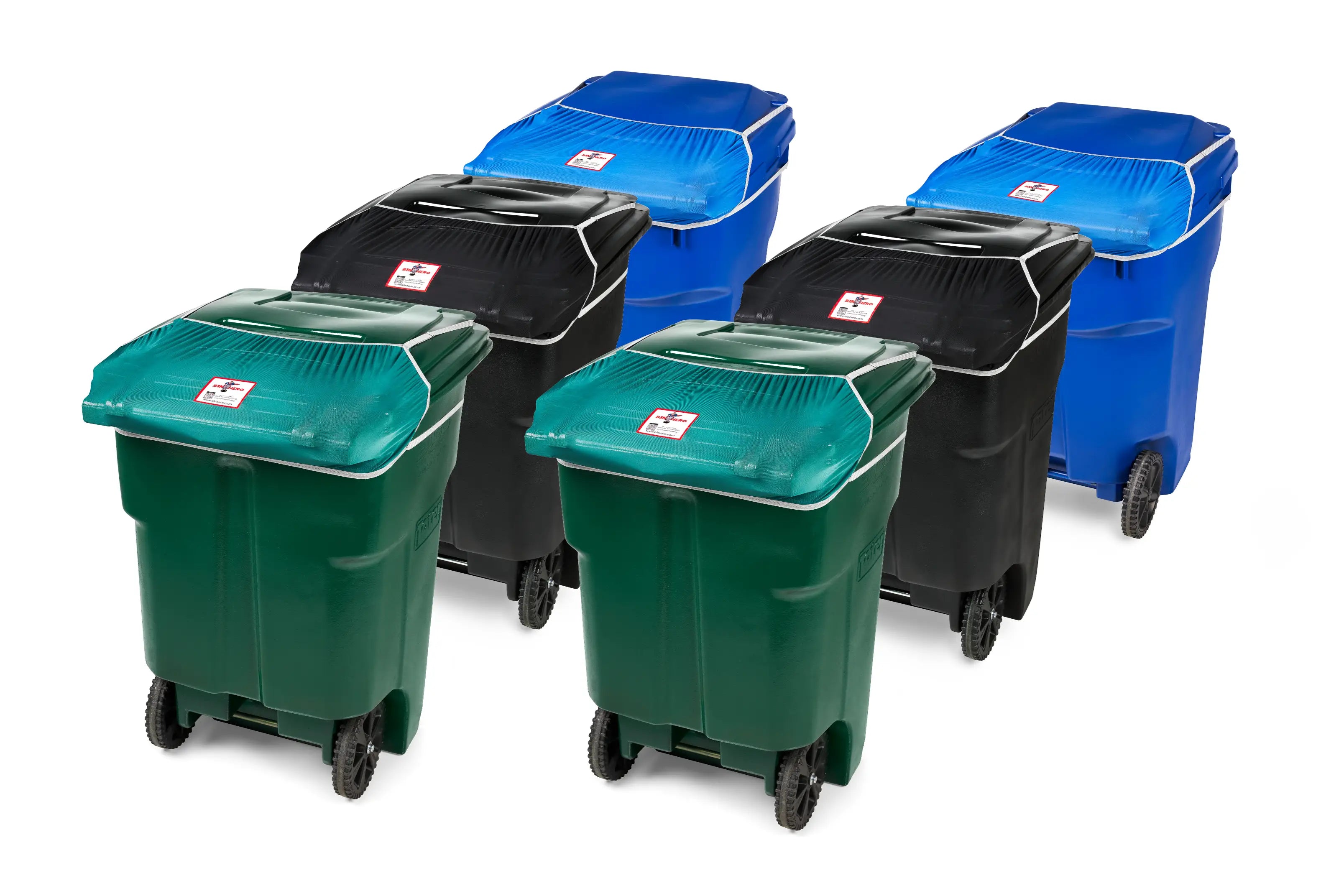 6 trash bins with color-matching Bin Hero products installed, in green, black and blue.